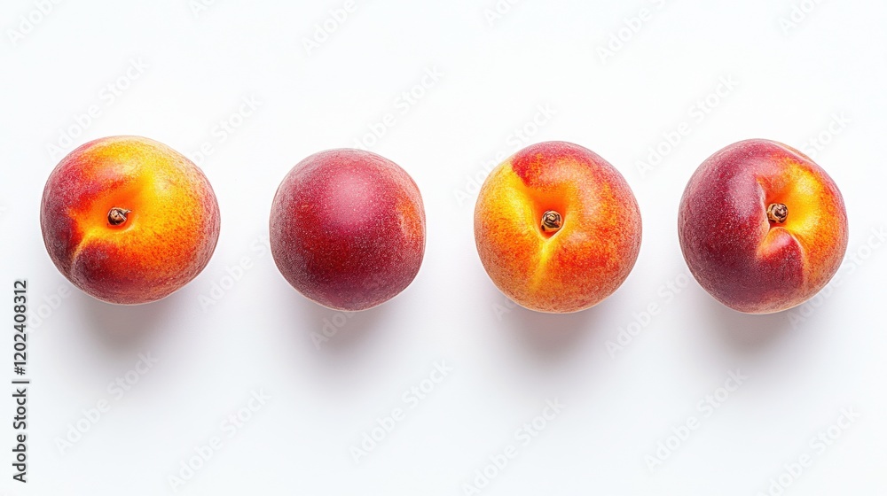 Fresh and Juicy Peaches Displayed in a Neat Row on White Surface Fresh and Juicy Peaches Displayed in a Neat Row on White Surface