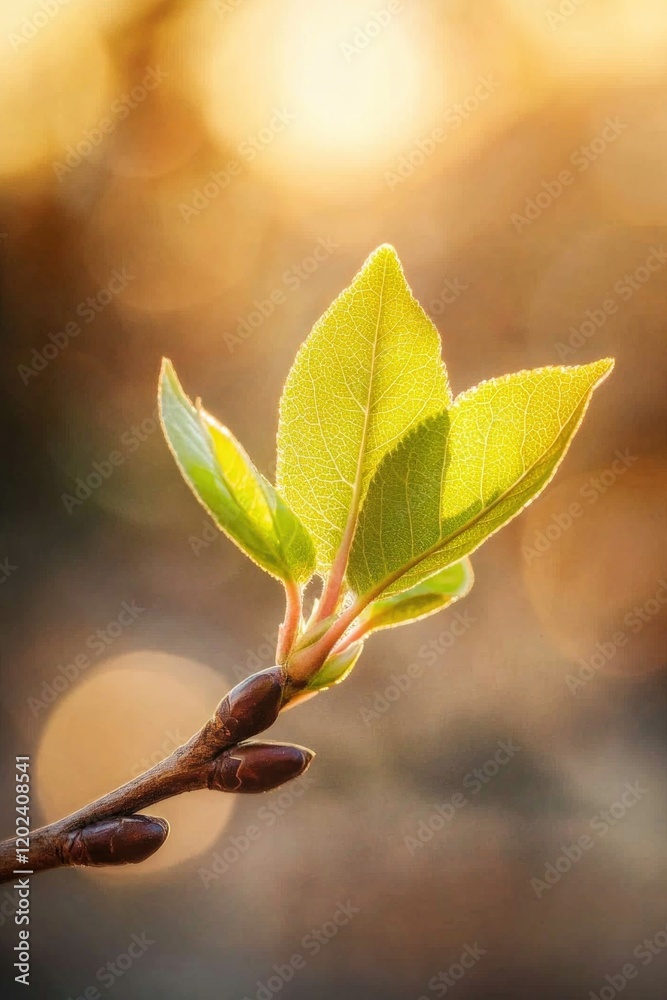 Delicate green leaves illuminated by soft sunlight create serene