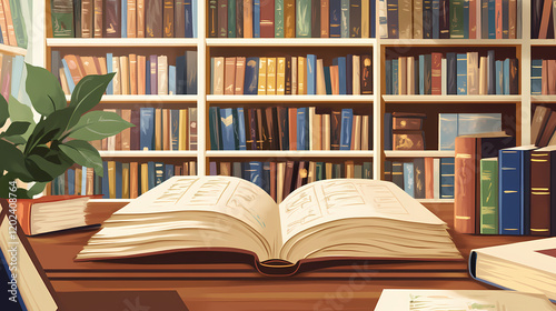 Serene and inviting library setting with an open book on a wooden table, perfect for educational or literary themes. Vintage Library Setting. Illustration
