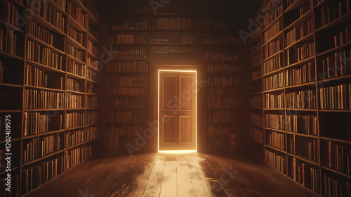 Vintage setting library book room with a door escaping portal. generative ai. Vintage Library Setting. Illustration