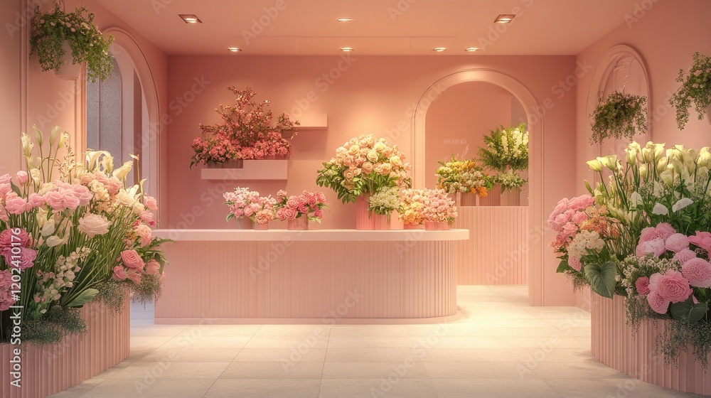 Fototapeta premium Delicate floral arrangements in serene pink interior create tran