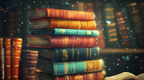 Whimsical stack of colorful vintage books with gold-embossed spines, perched precariously in magical library setting with floating dust motes. Vintage Library Setting. Illustration photo