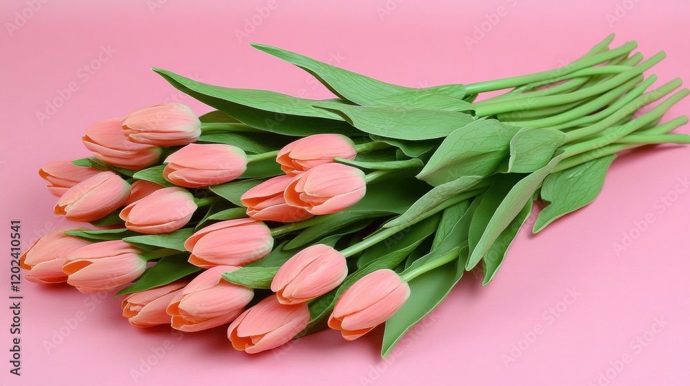 Fresh Pink Tulips with Green Leaves on Soft Pink Background