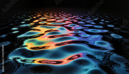 Iridescent oil slick reflecting light on dark water creating a calm and intriguing mood