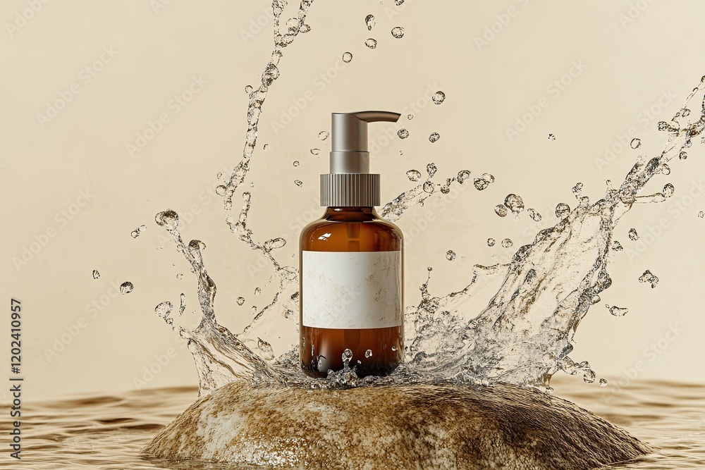 Fototapeta premium Elegant amber bottle creates dynamic splash against soft backgro