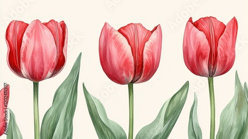 Wallpaper Mural Beautiful Red Tulips with Green Leaves on Light Background Torontodigital.ca