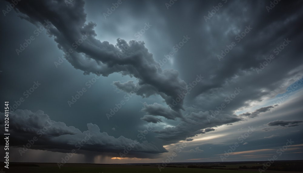 Dramatic storm clouds rolling in at dusk over a flat landscape with flashes of lightning Dramatic storm clouds rolling in at dusk over a flat landscape with flashes of lightning