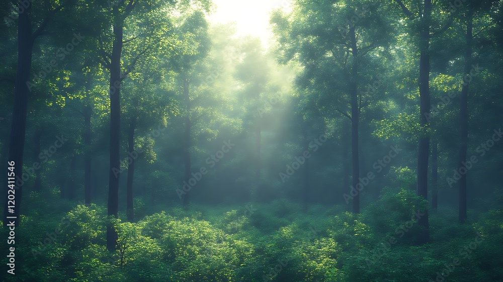 Sunlit Mist Shrouds a Tranquil Green Forest Sunlit Mist Shrouds a Tranquil Green Forest