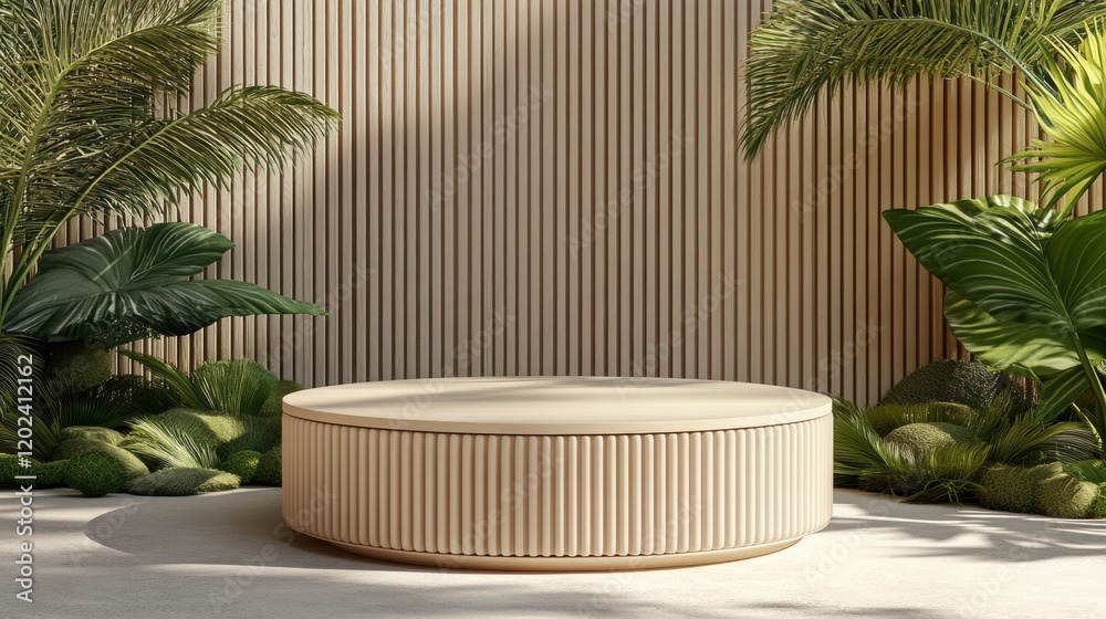 Elegant Minimalist Studio with Round Display Pedestal and Plants Elegant Minimalist Studio with Round Display Pedestal and Plants