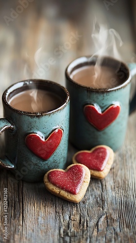 Pair of mugs with heart shaped handles steaming hot cocoa and heart shaped cookies