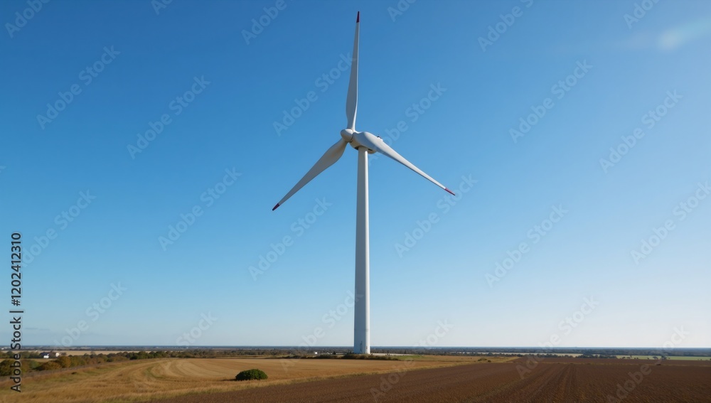 Modern Wind Turbine showcasing sustainable power amidst a clear sky Modern Wind Turbine showcasing sustainable power amidst a clear sky