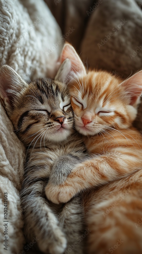 Two playful kittens resting together on a plush cushion with soft pastel tones Two playful kittens resting together on a plush cushion with soft pastel tones