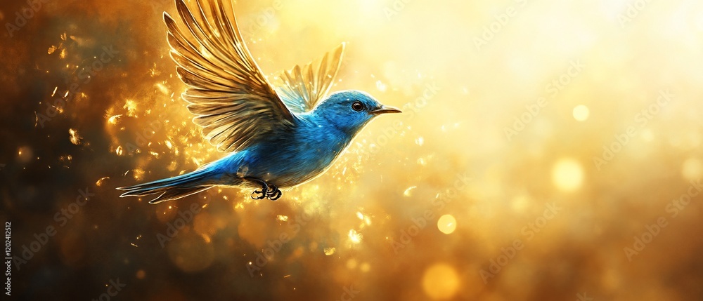 Blue bird soaring, golden bokeh background, freedom, hope