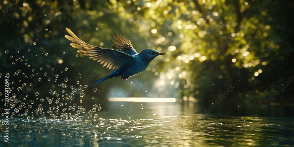 Blue bird flying over water, forest background, nature scene