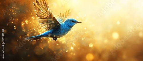 Obraz na płótnie Blue bird soaring, golden bokeh background, freedom, hope w salonie