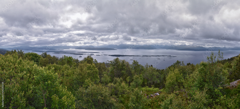 Varden viewpoint Panoramic landscapes, ocean, fjords, islands forests summer 2024 around Molde Norway Scandinavia Europe Varden viewpoint Panoramic landscapes, ocean, fjords, islands forests summer 2024 around Molde Norway Scandinavia Europe