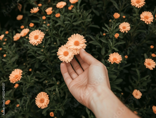 Close-Up of Hand Touching Vibrant Orange Flowers in a Lush Garden