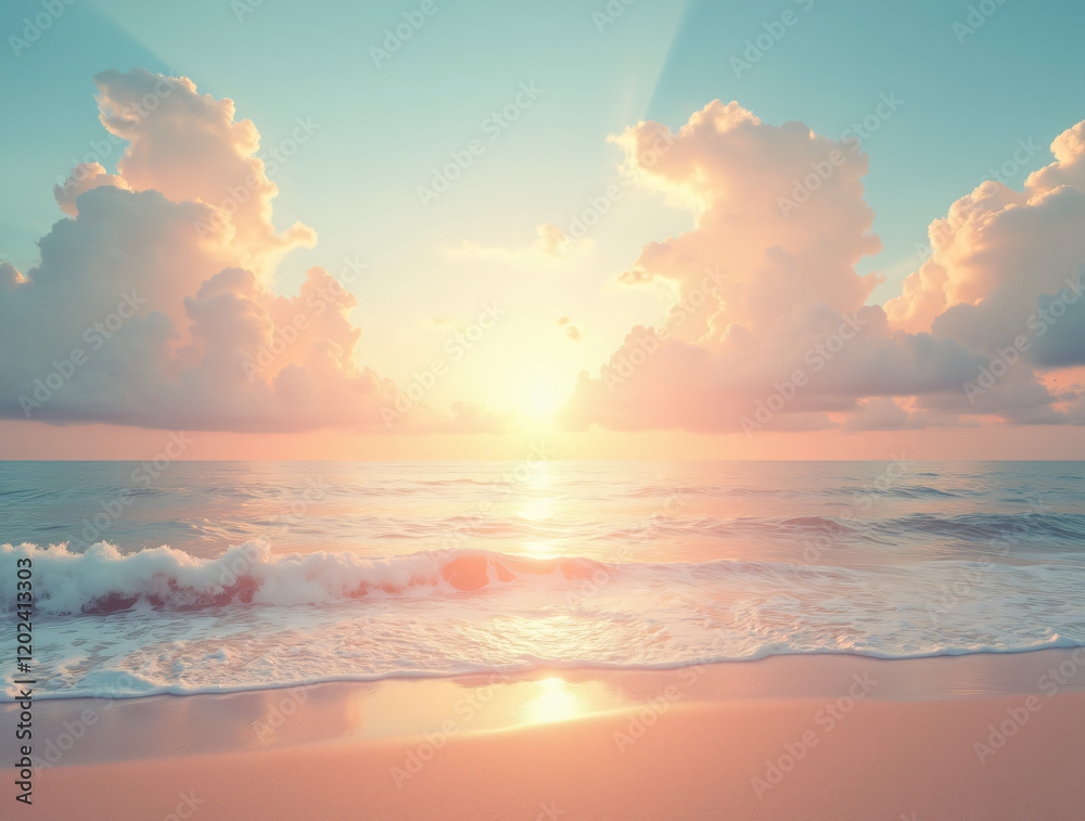 Fototapeta premium A Serene Beach at Sunset With Pastel Clouds in the Sky