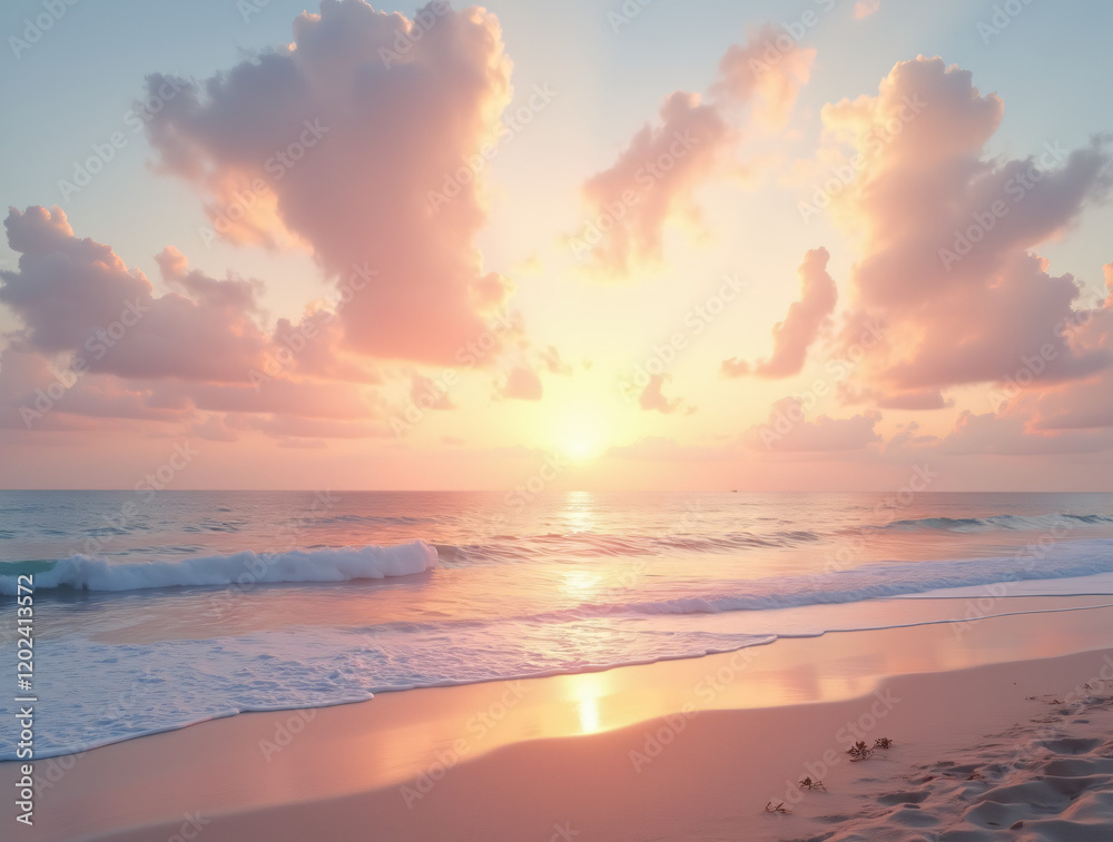A Serene Beach at Sunset With Pastel Clouds in the Sky A Serene Beach at Sunset With Pastel Clouds in the Sky