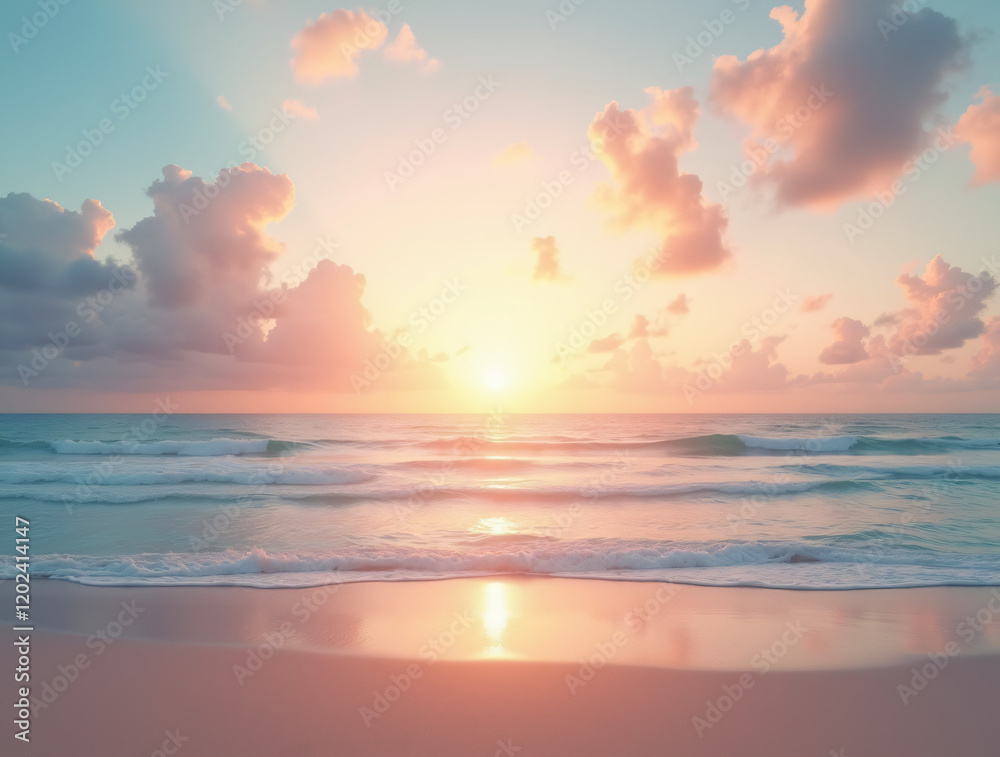 Obraz premium A Serene Beach at Sunset With Pastel Clouds in the Sky
