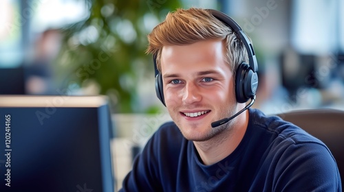 Motivated corporate support agent in a blue suit, wearing a headset and sitting at his desk, assisting a client over a call, with a blurred modern office background.