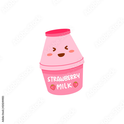 Cute Korean Strawberry Milk Bottle with Face. Cartoon Character Illustration