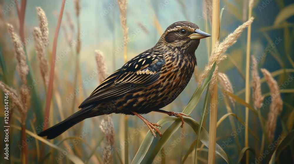 Brown bird perched on reeds, marsh background, nature scene, wildlife photography