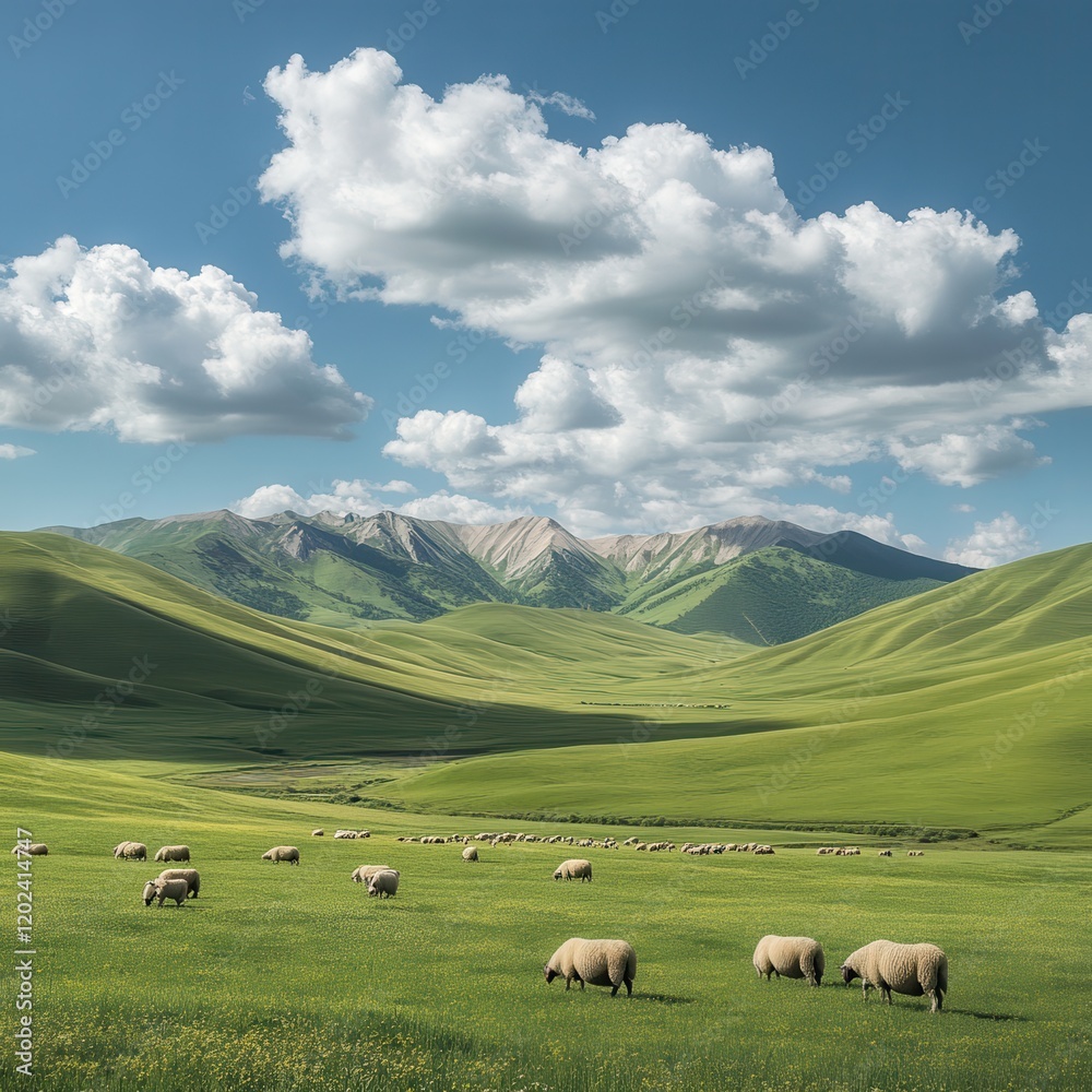 Vast grassland surrounded by undulating mountains and clouds in the sky, with grazing sheep Vast grassland surrounded by undulating mountains and clouds in the sky, with grazing sheep