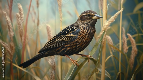 Obraz na płótnie Brown bird perched on reeds, marsh background, nature scene, wildlife photography w salonie
