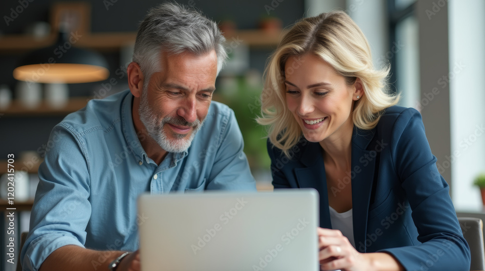 man and woman discussing project on laptop in office man and woman discussing project on laptop in office
