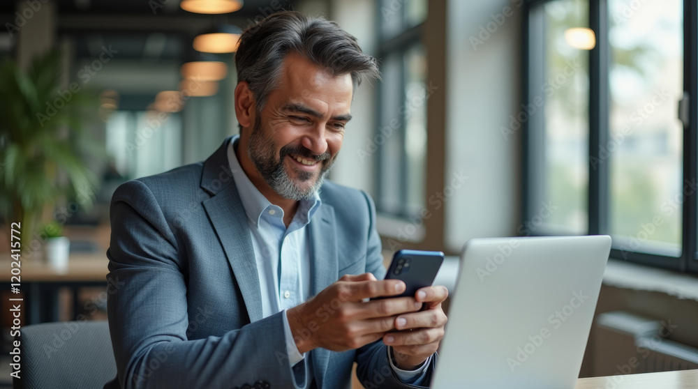 business manager using cell phone mobile app, laptop business manager using cell phone mobile app, laptop
