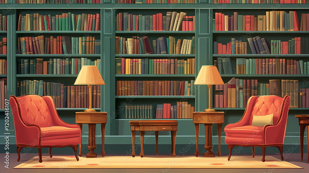 Fototapeta premium A wall of books in a classic library setting. Vintage Library Setting. Illustration