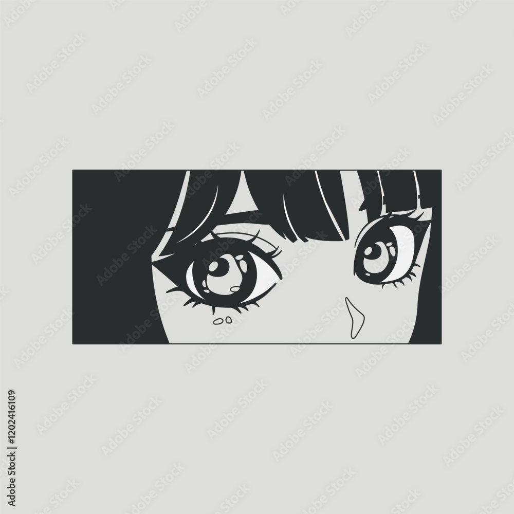 Obraz premium Manga female eyes look. Cartoon asian girl big eyes anime style, trendy kawaii japanese comic character emotion in rectangle frame. Vector illustration