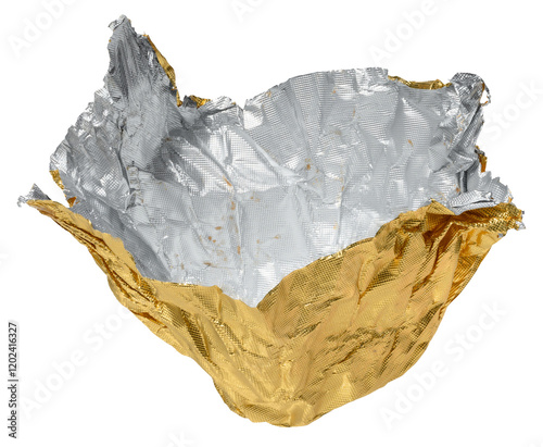 Crumpled yellow foil candy wrapper on isolated background