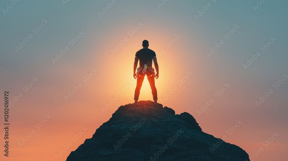A lone figure stands triumphantly on a mountain peak, silhouetted against a glowing sunset, symbolizing achievement and perseverance. A lone figure stands triumphantly on a mountain peak, silhouetted against a glowing sunset, symbolizing achievement and perseverance.