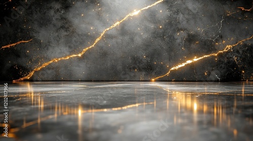 Empty dark marble room with gold cracks, smoky spotlight, reflective floor