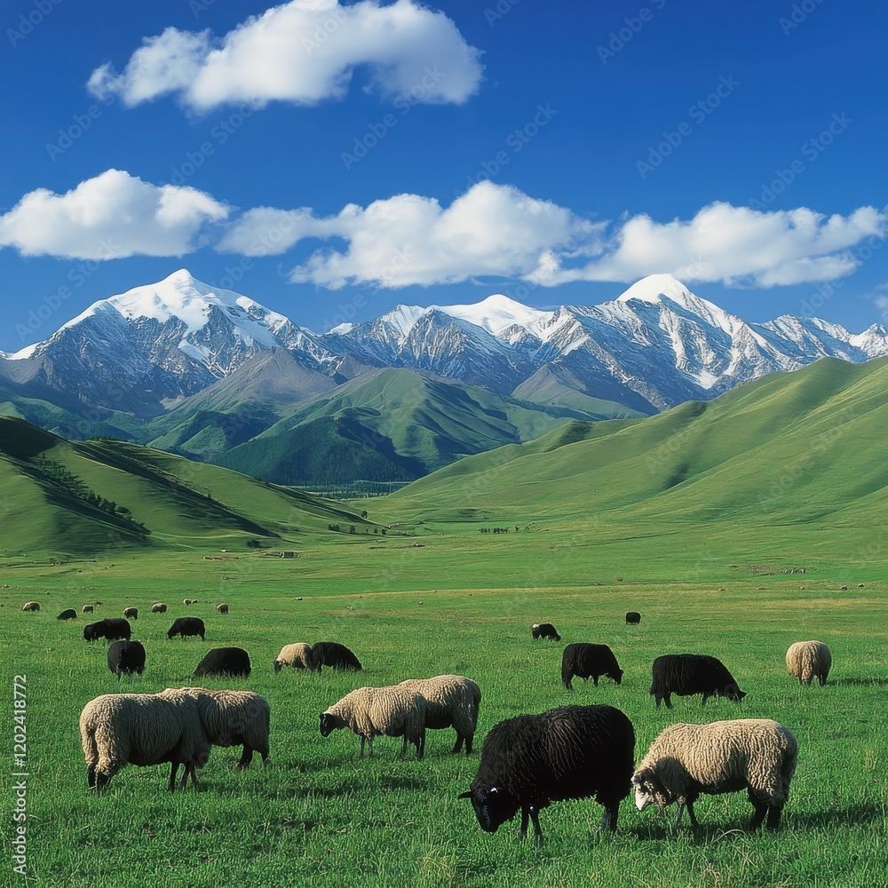 Vast grassland surrounded by undulating mountains and clouds in the sky, with grazing sheep Vast grassland surrounded by undulating mountains and clouds in the sky, with grazing sheep
