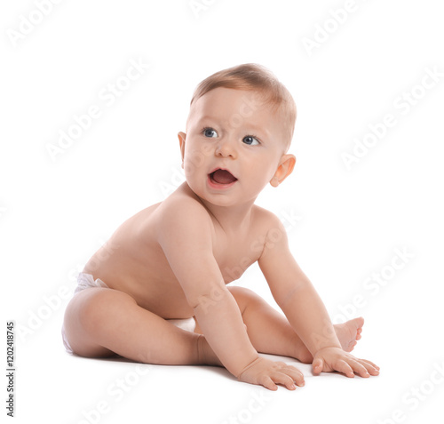 Little baby in diaper on white background