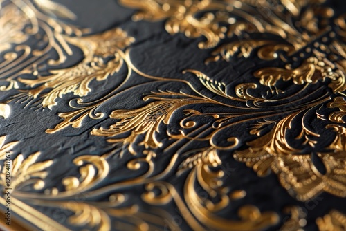 Close-up of a luxurious black and gold design with intricate details and foil stamping, A luxurious and high-end design with foil stamping, embossing, or letterpress printing