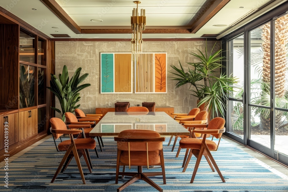 Obraz premium A Retro-Inspired Conference Room With Vintage Furniture and a View of Palm Trees, A retro-inspired conference room with vintage furniture and mid-century modern decor