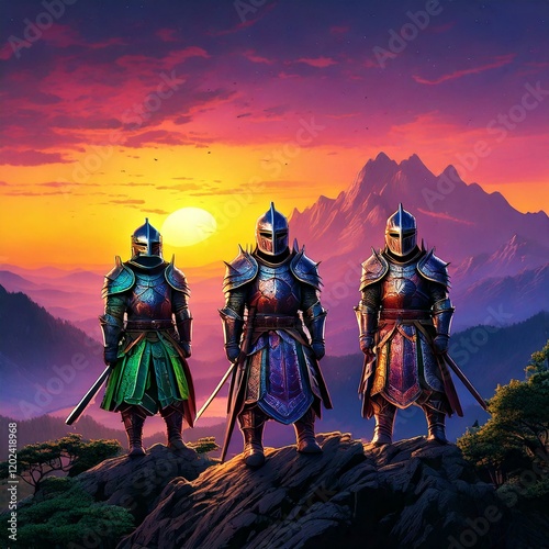 Three knights stand tall on a celestial mountain. First knight in blue armor, the second in gleaming gold photo