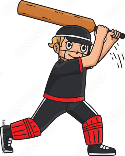 Cricket Player Swinging the Bat Cartoon Clipart photo