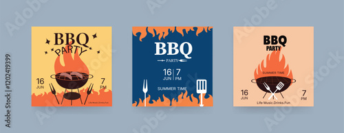 Set of BBQ Invitation Banner, barbeque invitation, Barbecue Square banner. Retro Style.