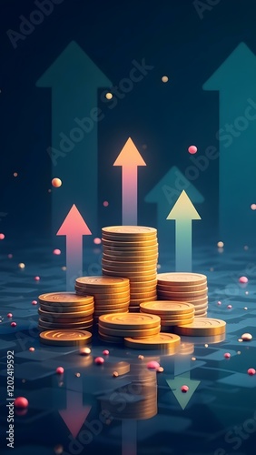 coins and upward arrows, financial growth and investment success, profit, economy, capital, income