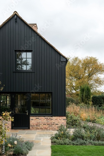 A contemporary black house features expansive windows and is surrounded by a beautifully landscaped garden, all set in a tranquil environment under a cloudy sky