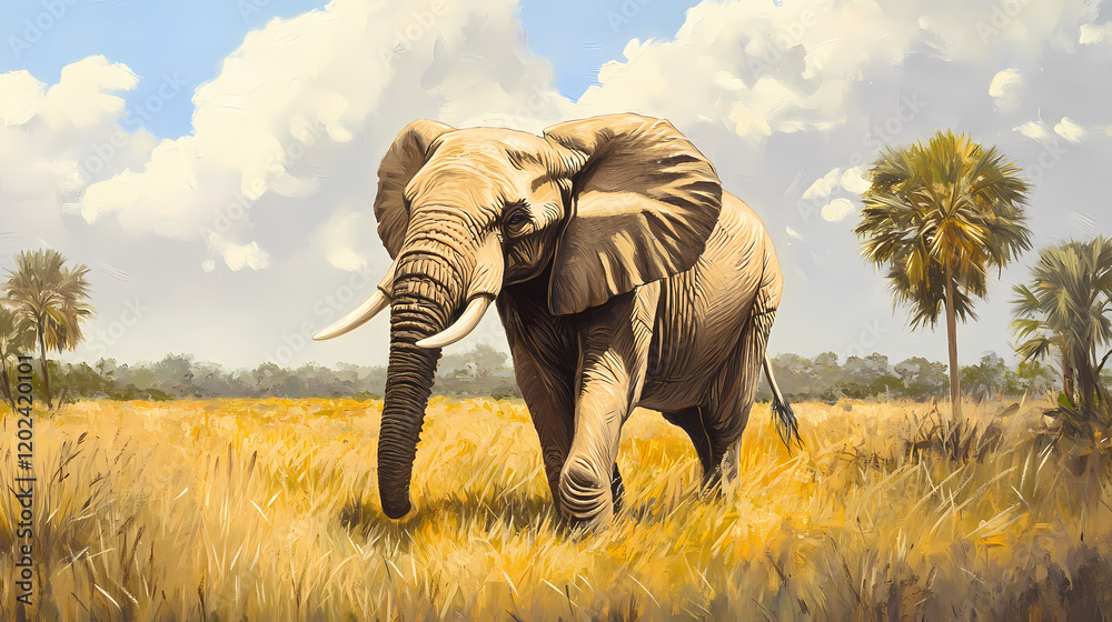 Fototapeta premium Majestic elephant encounter african savannah wildlife art serene landscape side view natural habitat exploration. Exotic Wildlife Encounter. Illustration