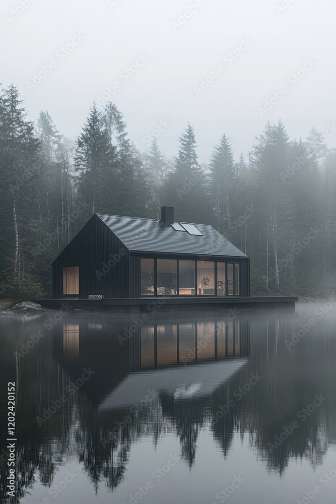 Fototapeta premium Modern black cabin situated by a serene lake surrounded by misty forest in early morning light inviting tranquility and escape into nature