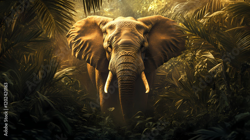 Majestic elephant encounter enchanted jungle digital art mystical atmosphere close-up view wildlife imagination. Exotic Wildlife Encounter. Illustration photo