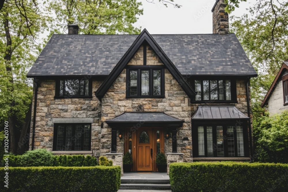 Beautiful stone house with dark windows and a welcoming entrance surrounded by lush greenery on a calm residential street Beautiful stone house with dark windows and a welcoming entrance surrounded by lush greenery on a calm residential street