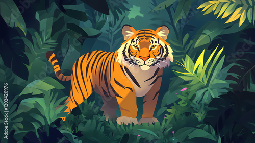 Tiger encounter in tropical jungle wildlife photography lush environment close-up view captivating nature experience. Exotic Wildlife Encounter. Illustration